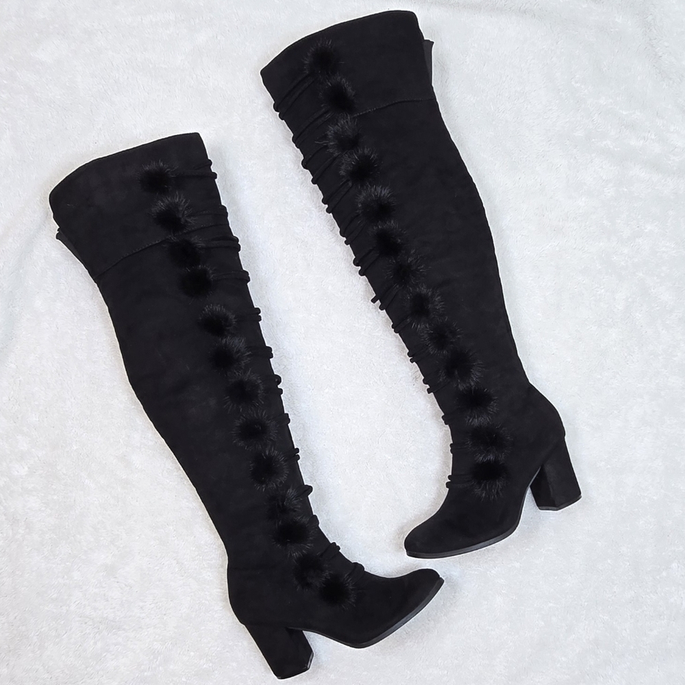 Italina Black Plush Suede Pom-Pom Over-Knee Boots Coquette Whimsigoth Sz.8